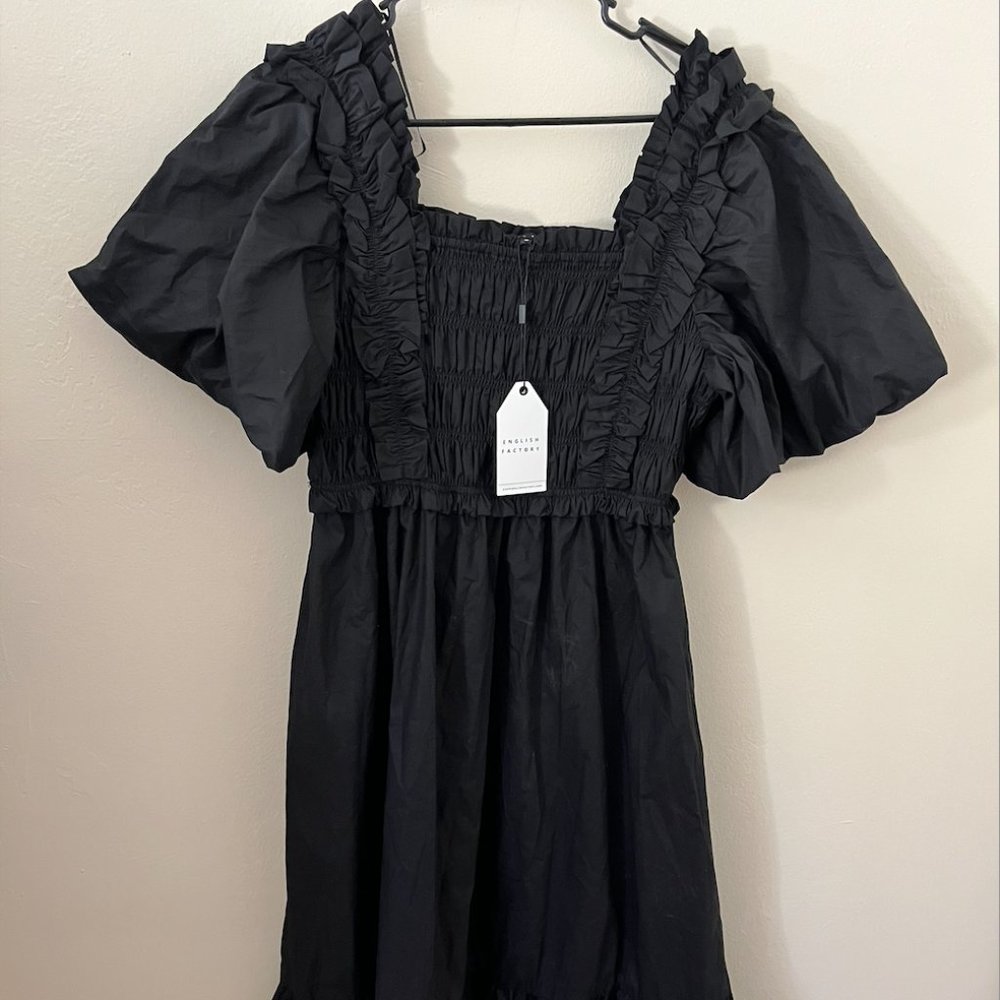 NWT English Factory Black Ruffled Smocked Midi Dress - Size M